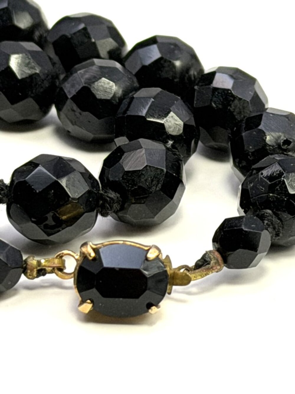 Black Faceted Glass Bead Choker Necklace Hand Knotted Box Clasp Princess Length